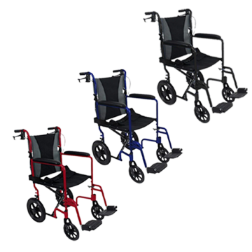 Vive Transport Wheelchair in black, red, and blue