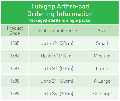 tubigrip arthro pad tubular elastic bandage molnlycke 1585 1586 tubigrip size chart