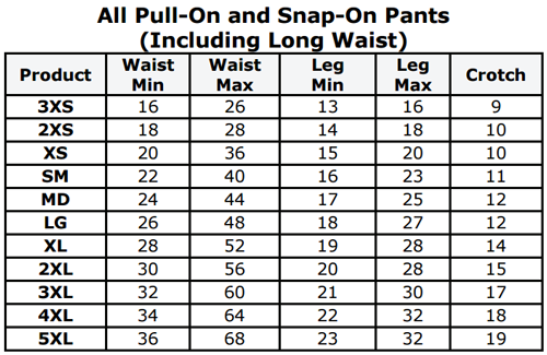 Size Chart for Pull On and Snap On Pants