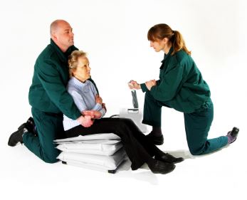 The Elk Inflatable Lifting Cushion can be used to help fallen patients up from the floor with caregiver assistance