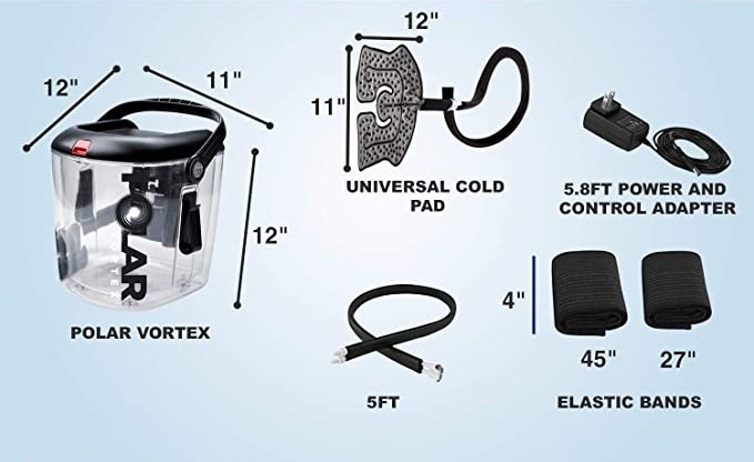 Polar Vortex Ice Machine and Parts Included: Polar Vortex Ice Machine, tubing, power cord and adapter, universal wrap with 2 straps