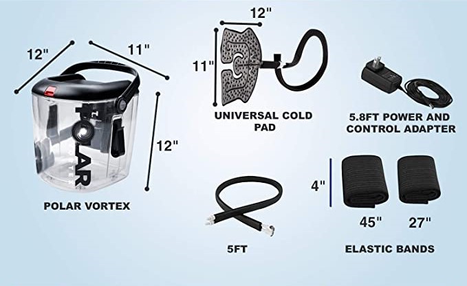 Included: Polar Vortex Ice Machine, tubing, power cord and adapter, universal wrap with 2 straps 