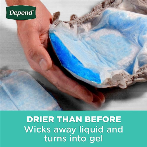 The Depend underwear is cut open to display the absorbent core that turns liquid into gel.