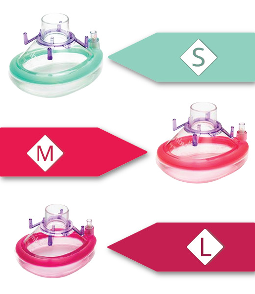 Three different sizes of the Ambu King Mask in corresponding different colors.