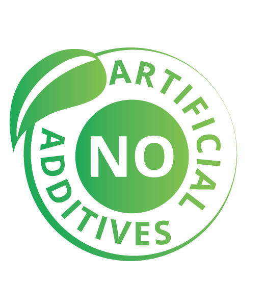 A leaf icon that says no artificial additives.