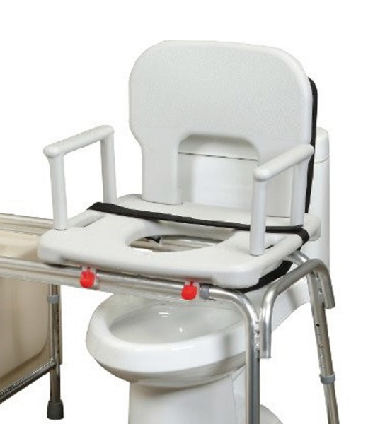 The seat of the transfer bench locked in place over the toilet.