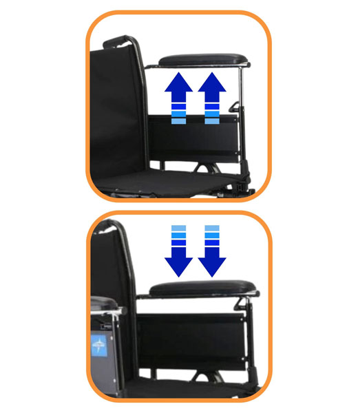 The Guardian K3 wheelchair with arms shown in different adjusted height positions.