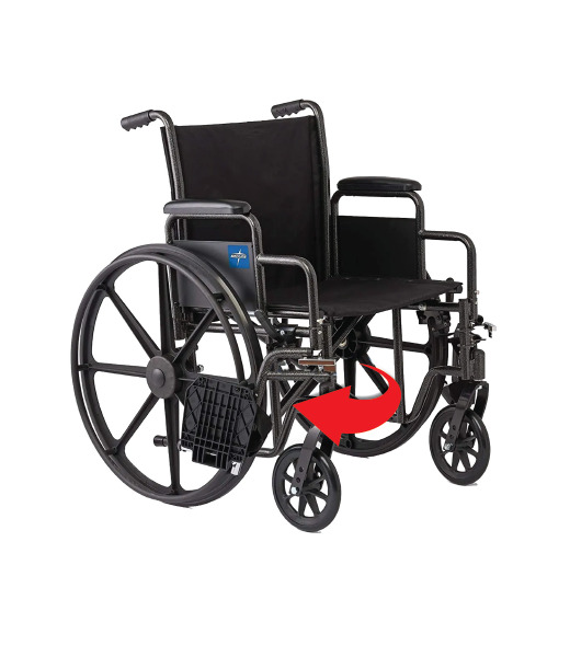 Wheelchair with swing-away leg rests.