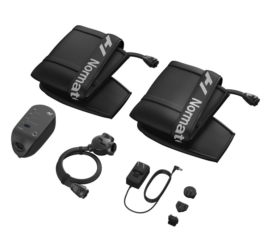 Leg sleeves, control unit, battery charger and connecting hose