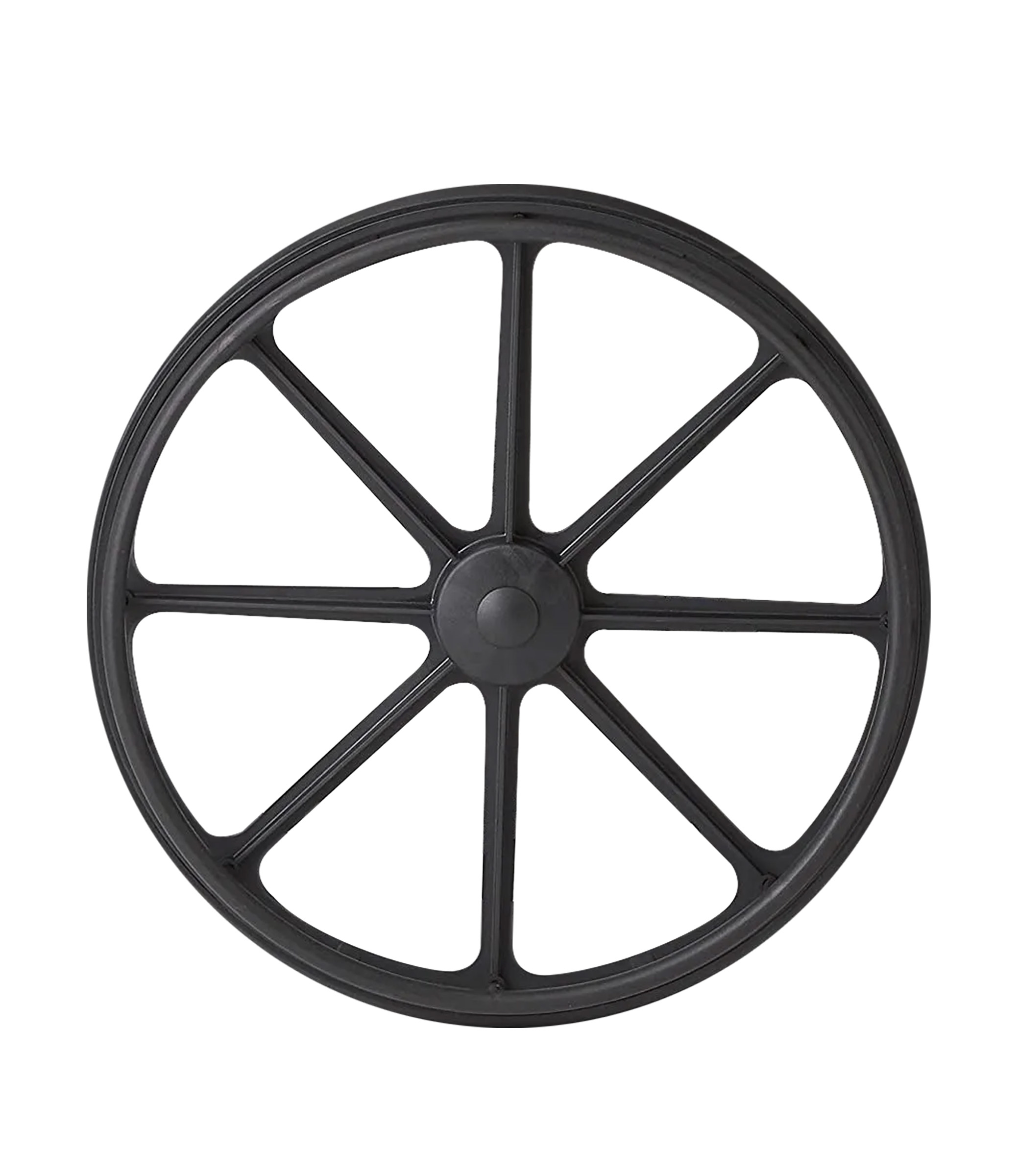 A wheelchair wheel with a solid tire.