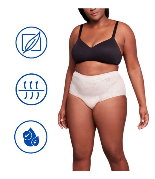 Depend underwear with skin-friendly material.