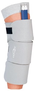 The DonJoy Cold Wrap in use on the knee and thigh.