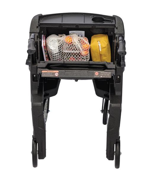 data-element= Pure silver rollator with items in storage compartment