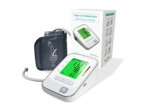 data-element= The FC-BP111 monitor and cuff are shown next to the product packaging