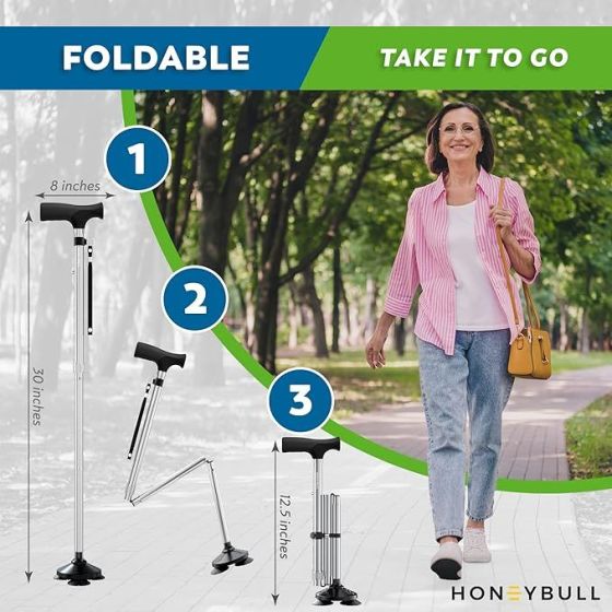 Foldable Dimensions on Left with Woman Walking on the Right