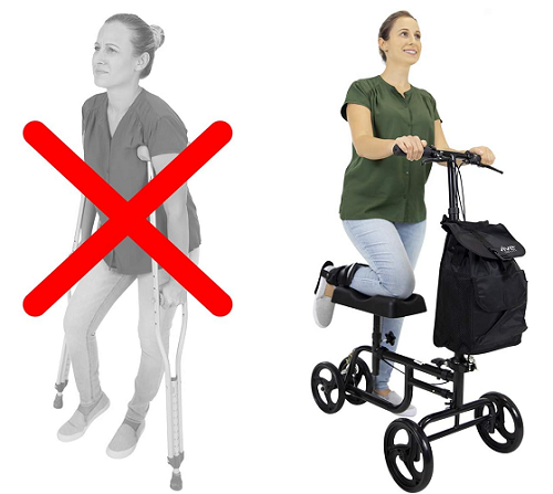 On the left, a woman using traditional arm crutches. She has a red X over her. On the right, the same woman using the Vive Health Mobility Knee Walker.