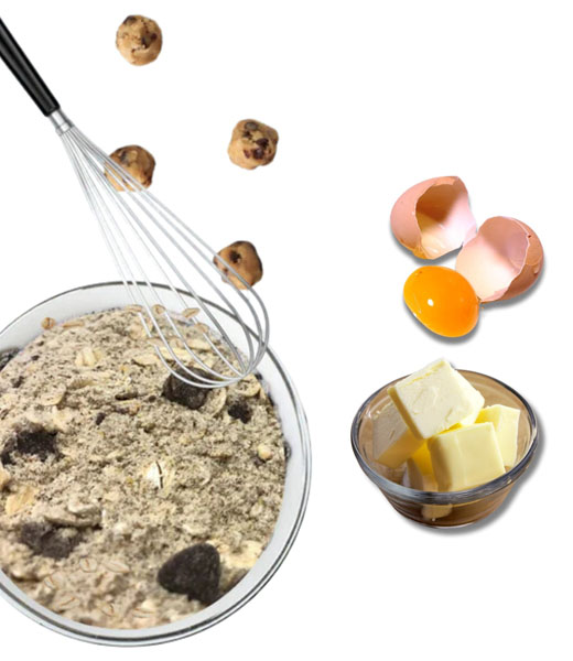 Cookie mix in a bowl with butter and egg ready to mix in.