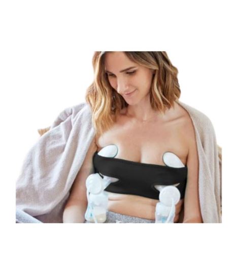 Woman using the LaVie hands-free pump strap.