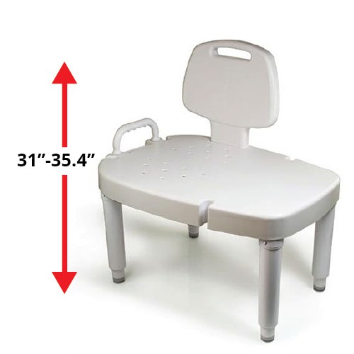 Maddak Shower Transfer Bench with arrows showing adjustable height