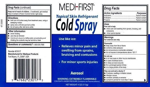 The front and back of the Medi-First Spray's label.