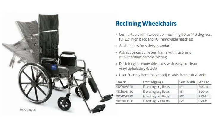 A Medline reclining wheelchair model sizes and specifications.