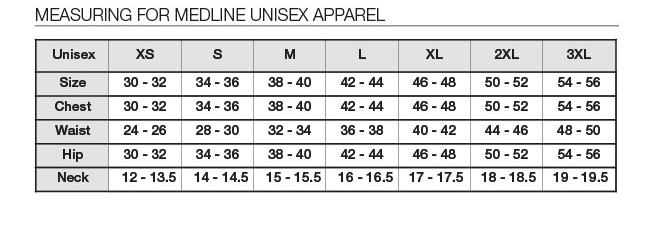 Medline Unisex Apparel Size Chart