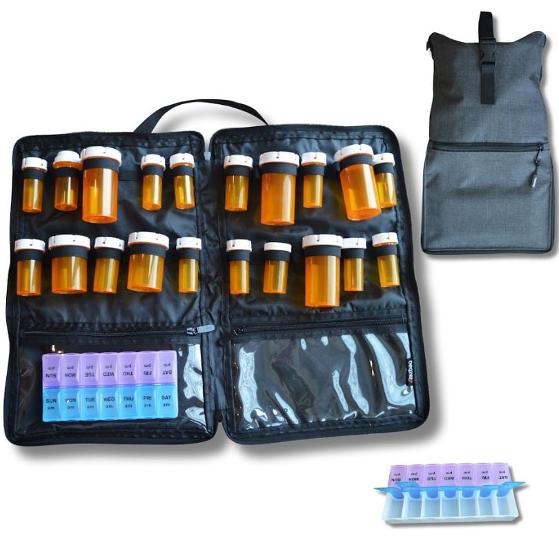 Displays Open Bag Holding Various Sizes of Rx Bottles and Pill Box 