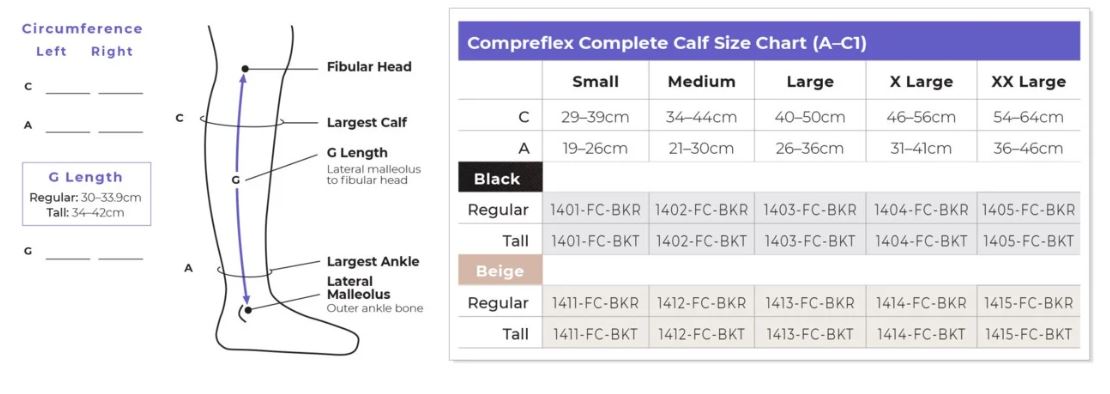 Compreflex Wraps Size Chart
