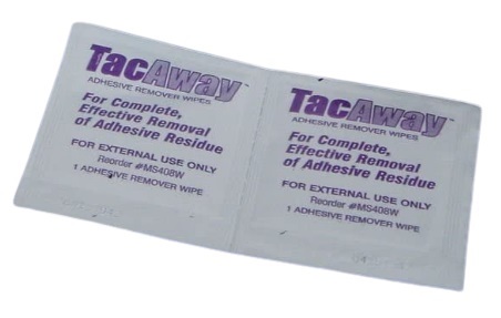 The TacAway Adhesive Remover Wipes are wrapped individually for ease of use.