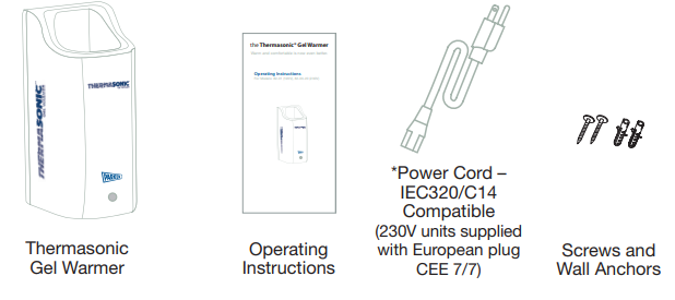 Gel Warmer comes with instructions, power cord, screws, and wall anchors